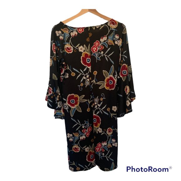 Olivia Matthew Long Sleeve Black Floral Dress with Bell Ruffle Sleeves S… - Picture 2 of 8